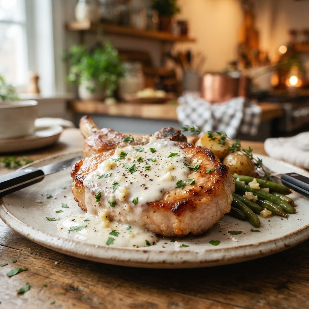 Close-up view of the perfectly tender, juicy pork chop.