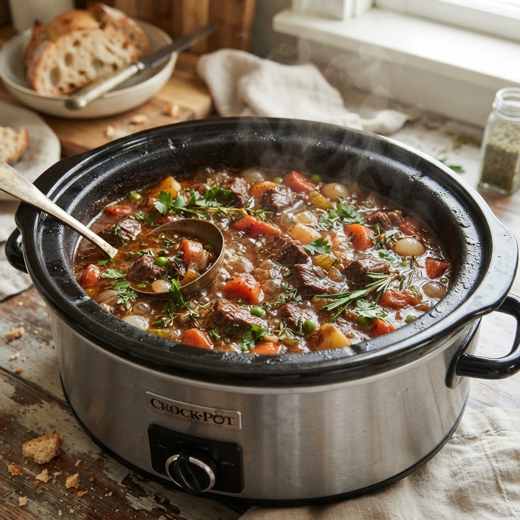 The crock pot provides the ideal environment for tender, flavorful beef stew.