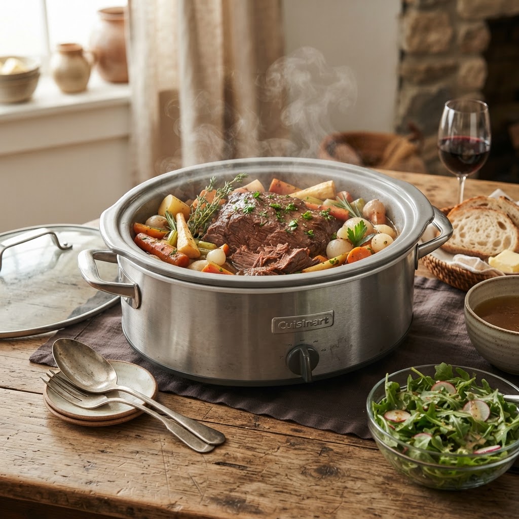 The perfect tender pot roast prepared in a slow cooker for a hearty weeknight dinner.