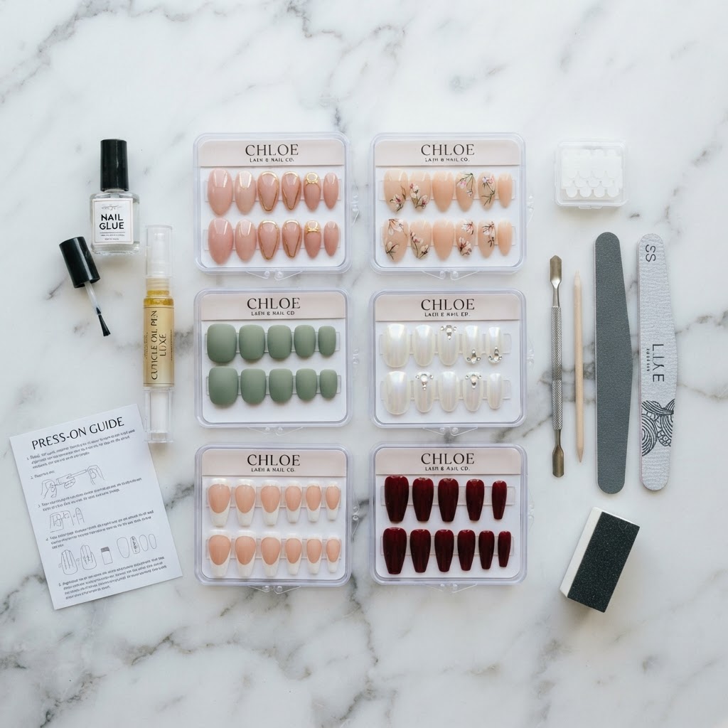 Essential tools for applying your press-on nails at home.