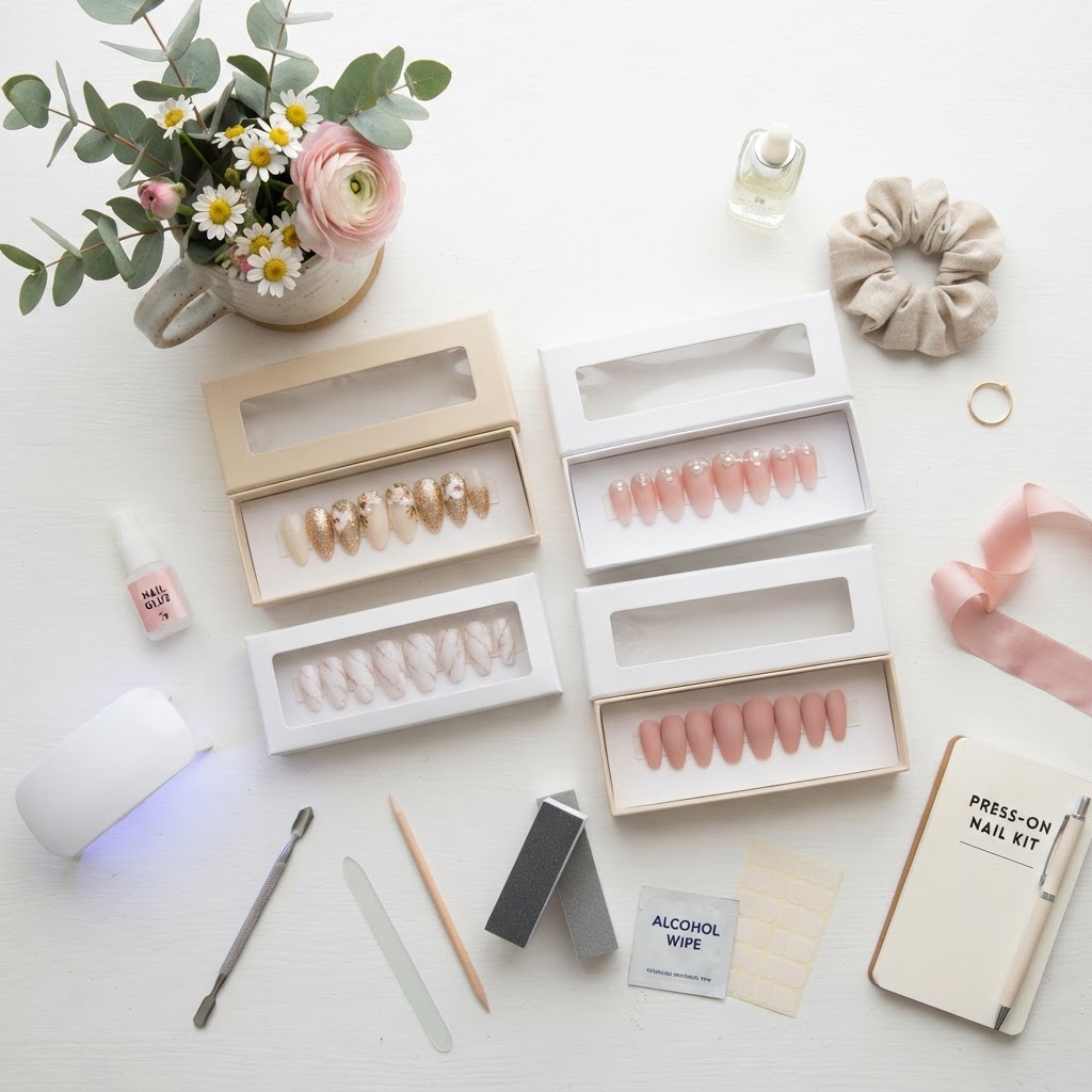 Organized collection of aesthetic press-on nail sets for home application.
