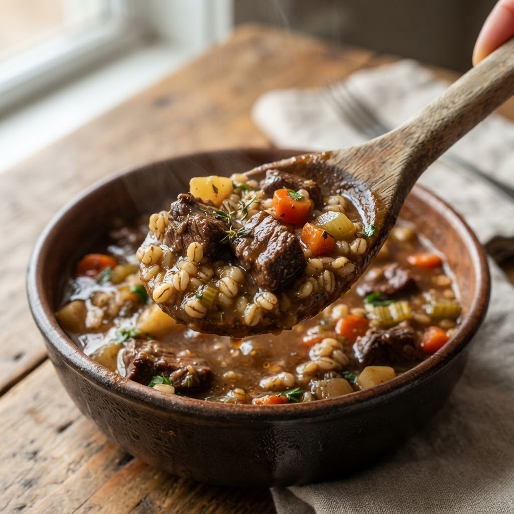 Close-up of the rich texture of slow-cooked beef and vegetables.