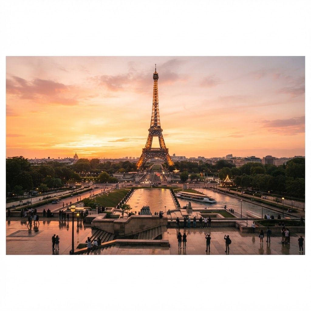 The iconic Eiffel Tower glowing at sunset, the ultimate symbol of the romantic France aesthetic.