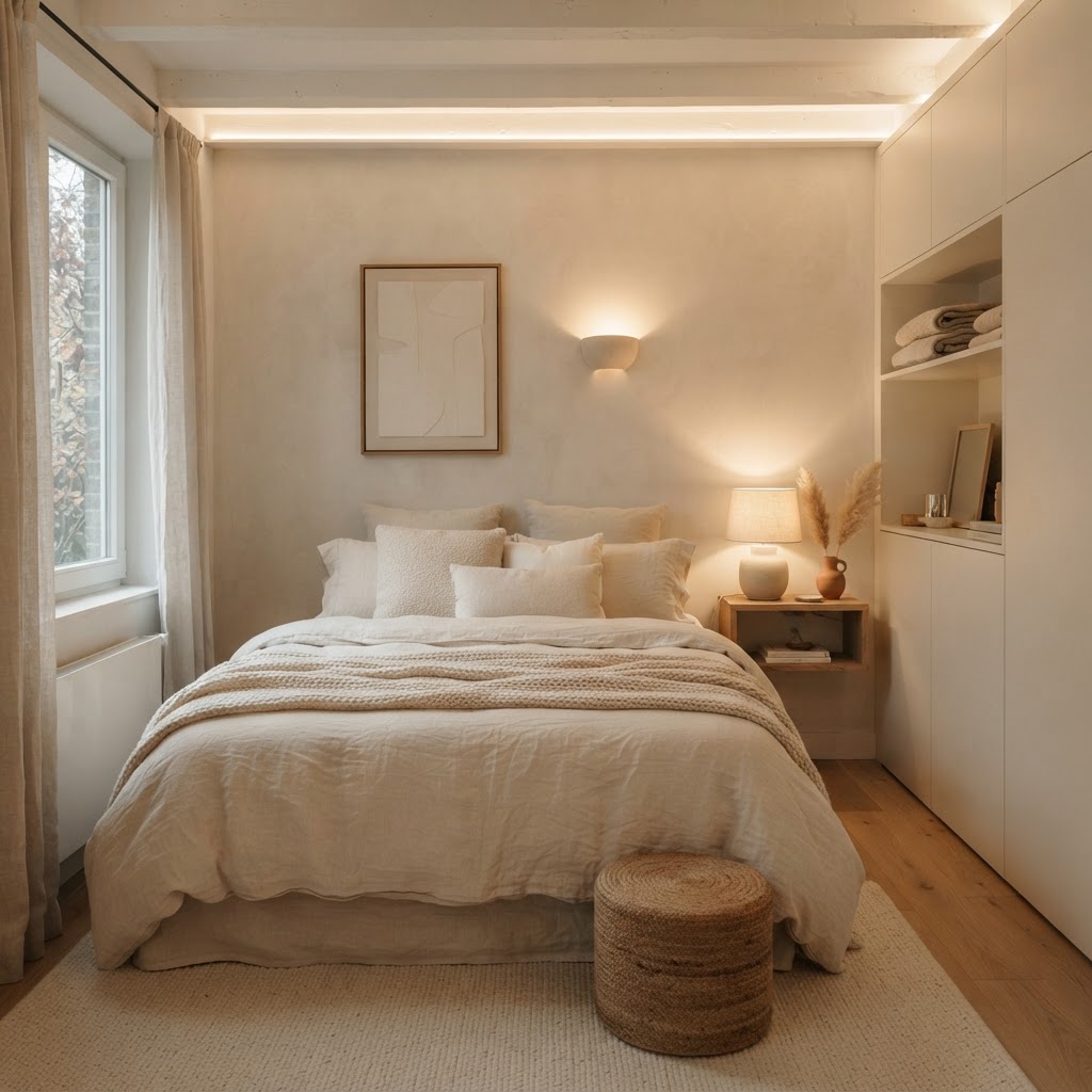 A bright and airy monochromatic bedroom design.