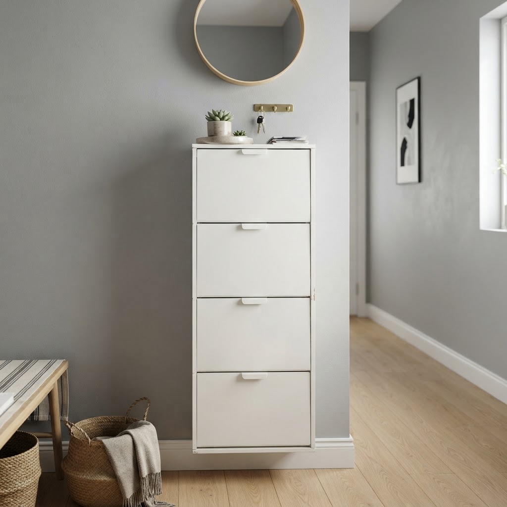 Vertical stacking maximizes wall space in narrow hallways.