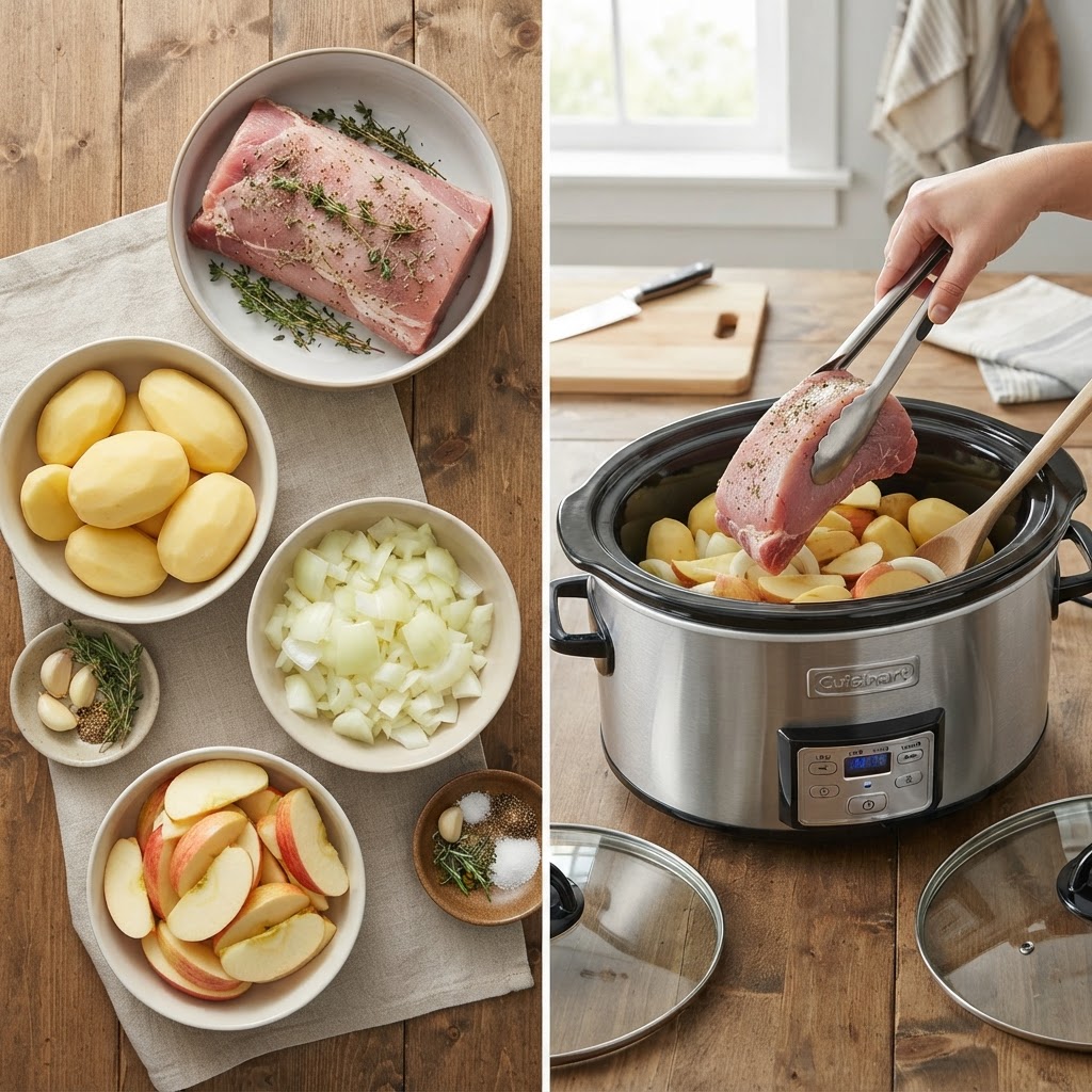 Essential ingredients for your next easy slow cooker pork chop dinner.