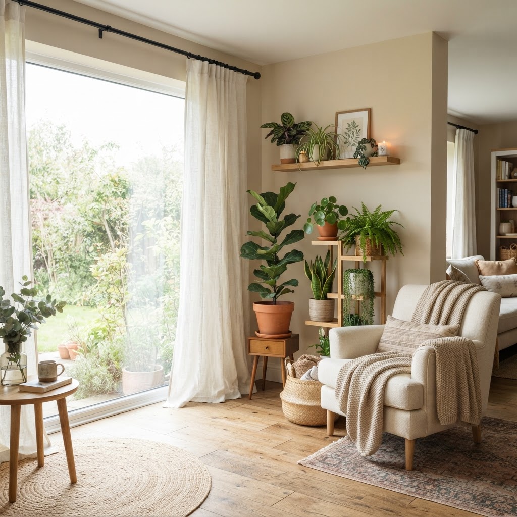 Floor-to-ceiling curtains and greenery elevate any small apartment.