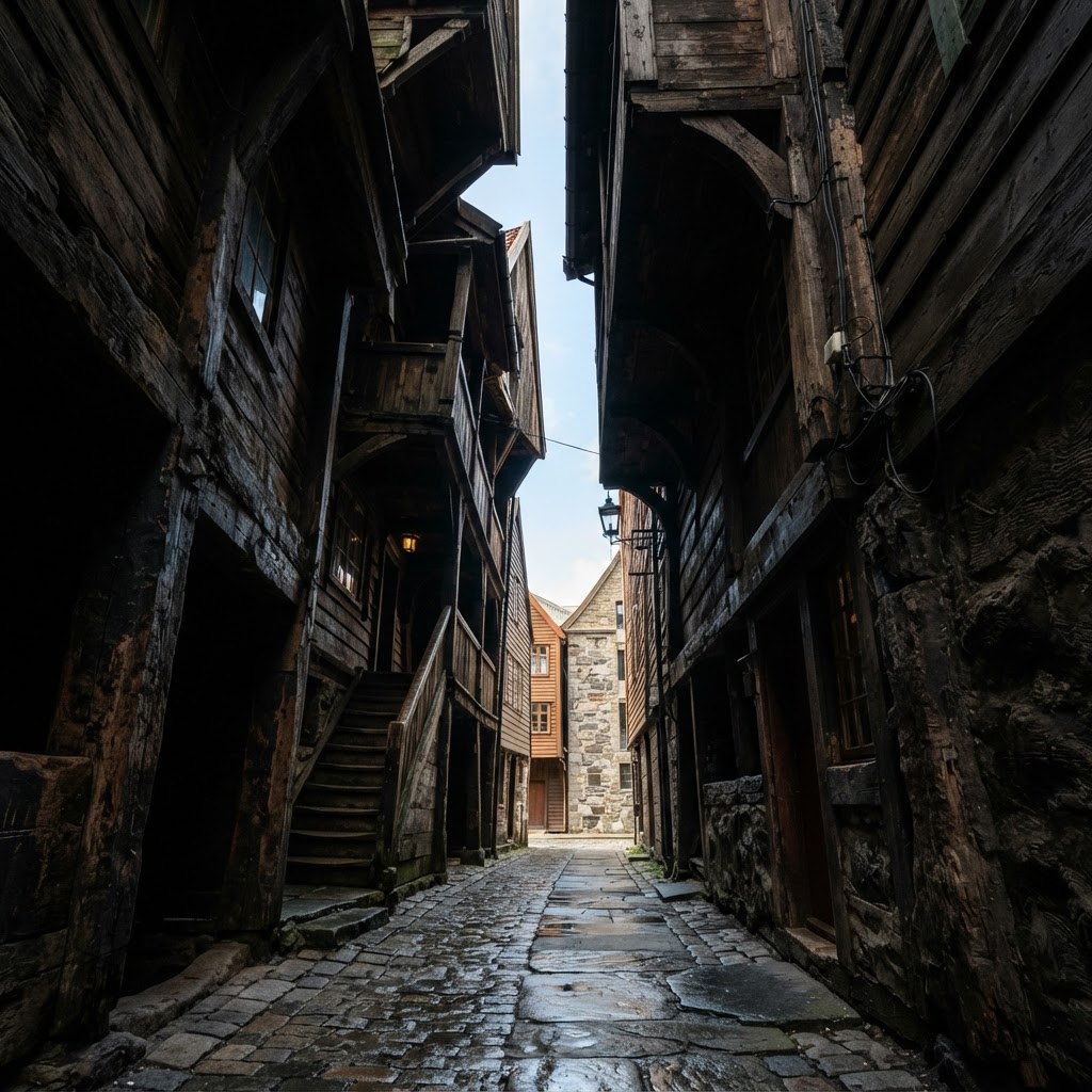 The mysterious, narrow wooden alleyways hidden behind the main harbor front.