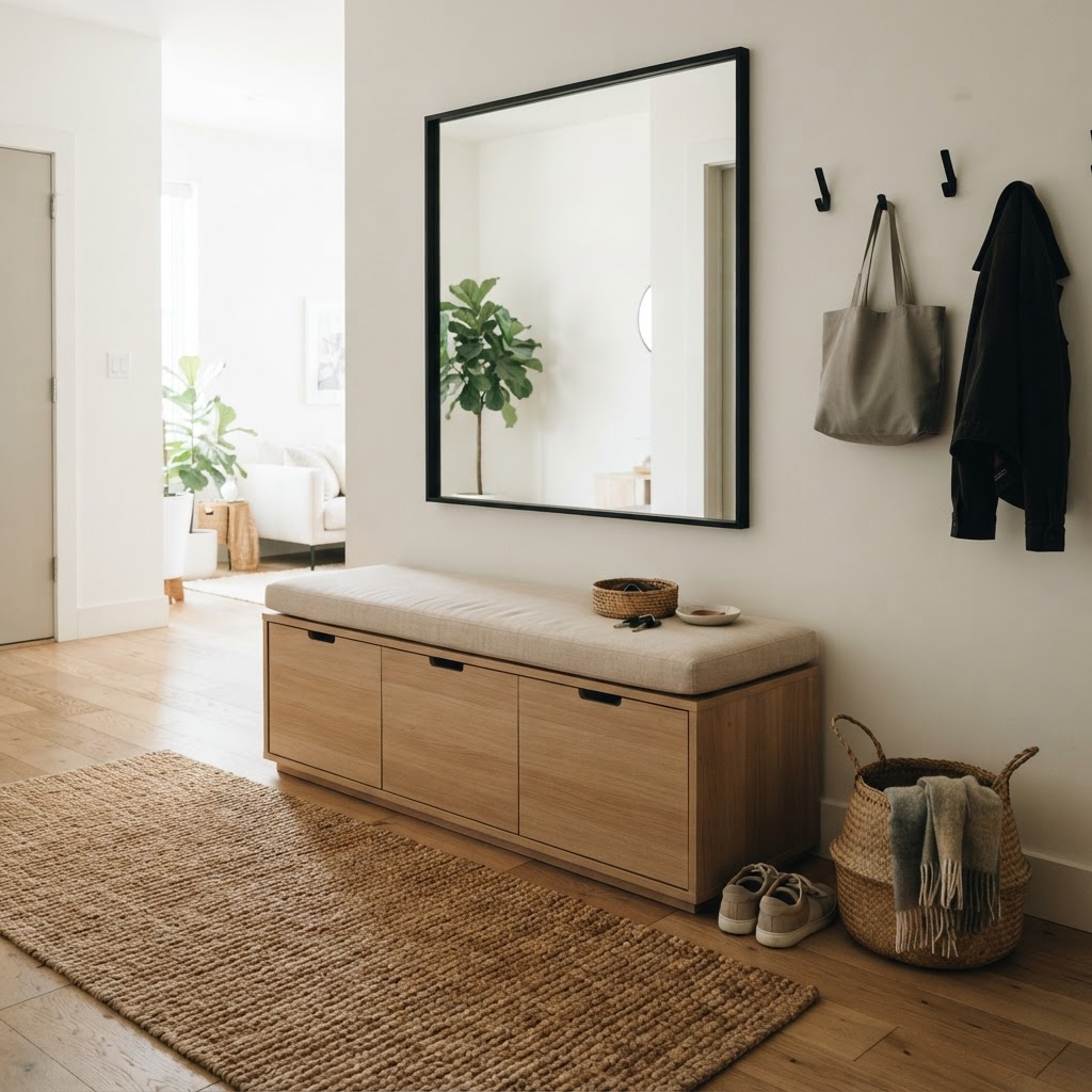 Large mirrors and neutral textures create a sense of openness and calm.