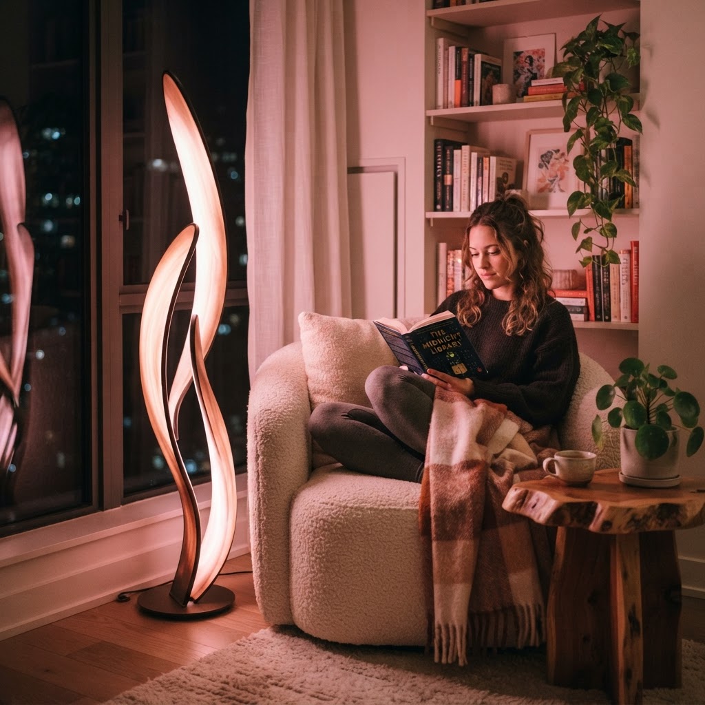 Soft pink ambient lighting creates an inviting and joyful reading nook.