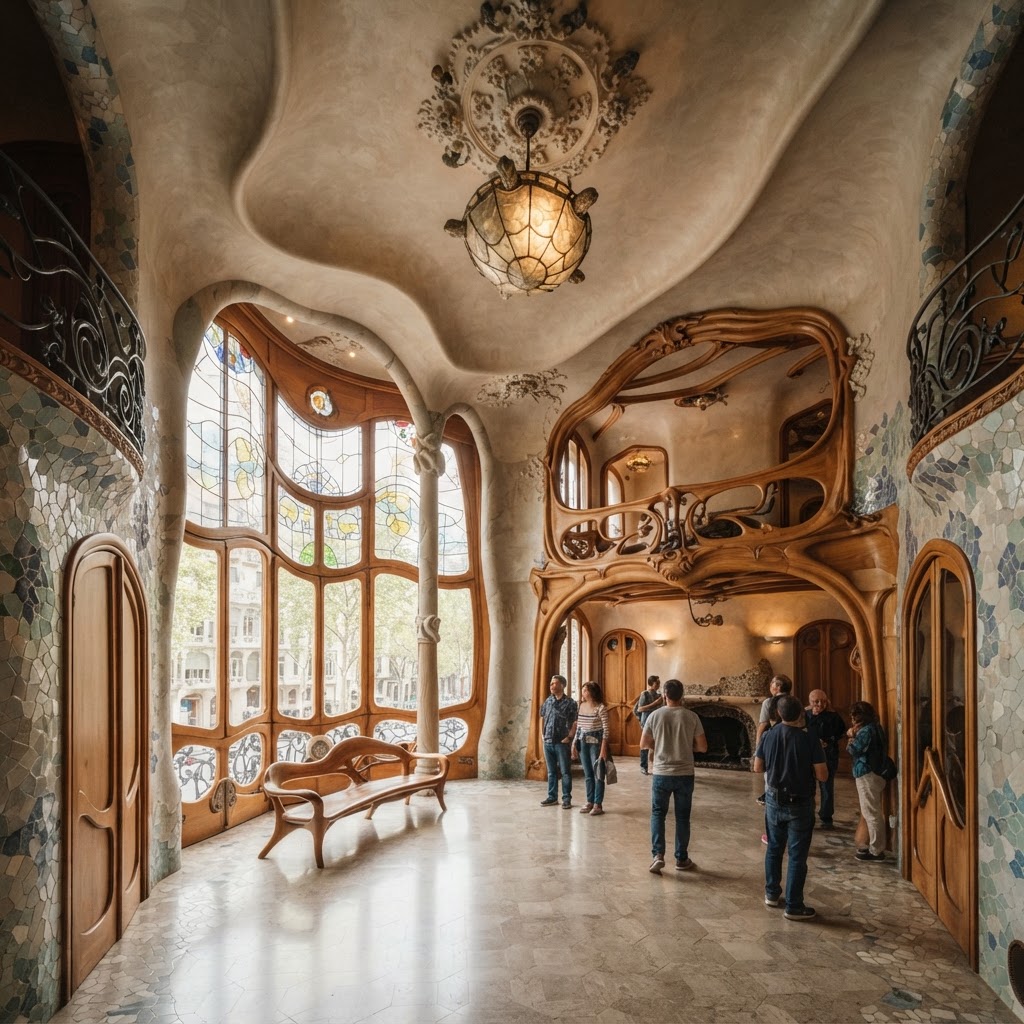 Elegant interior design showcasing Gaudí's signature organic curves.