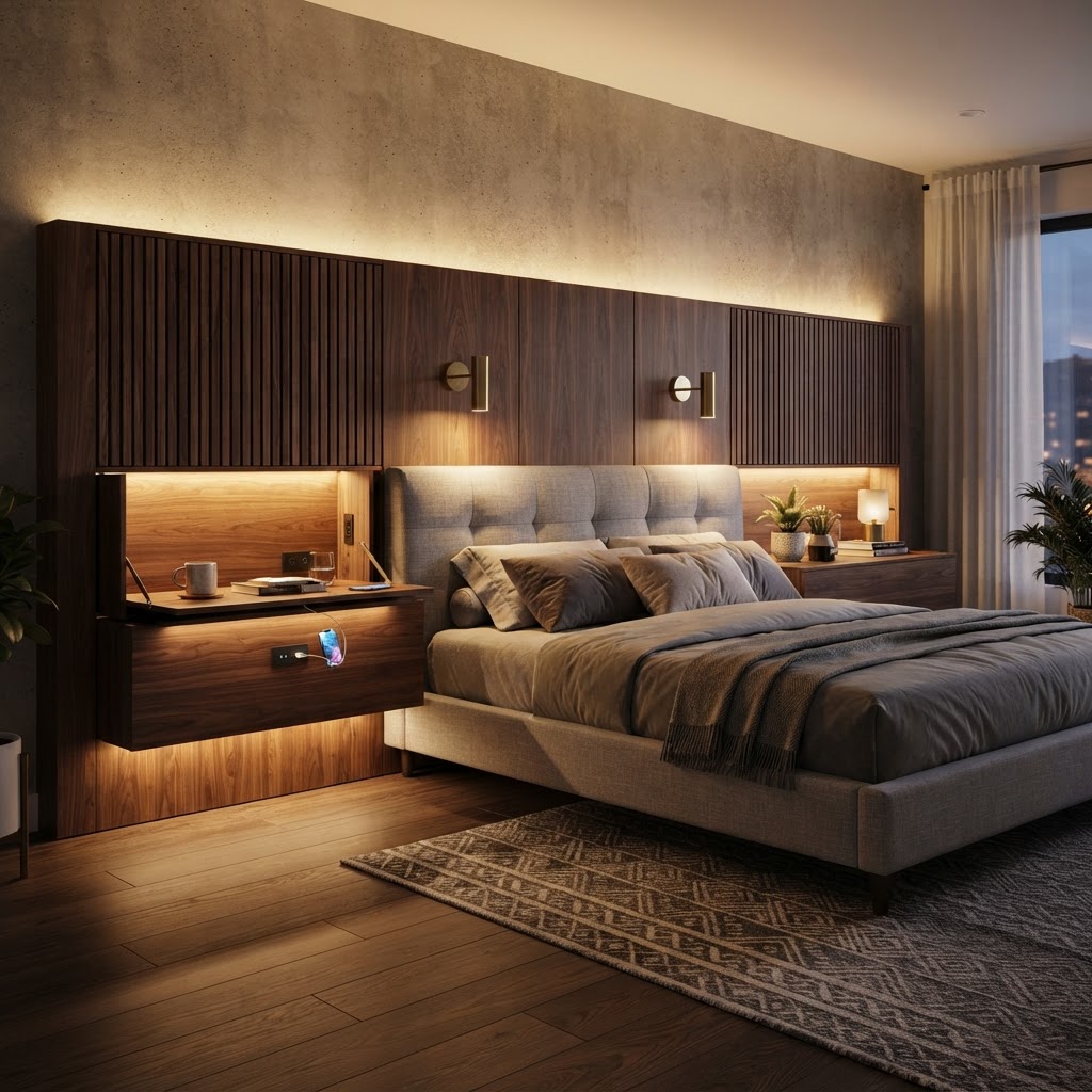 Custom headboards provide discreet storage and a polished look.