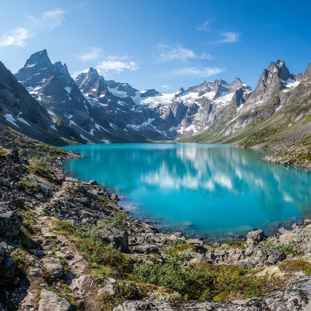 The stunning, vibrant blue water of Blåvatnet surrounded by the rugged Lyngen Alps.