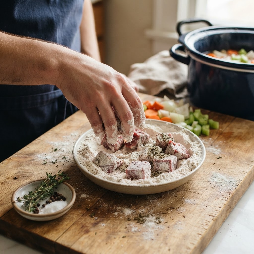 Preparing the beef by dredging it in flour for a thicker sauce.