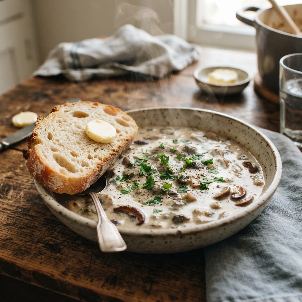 A perfectly plated creamy mushroom soup served with artisan bread.