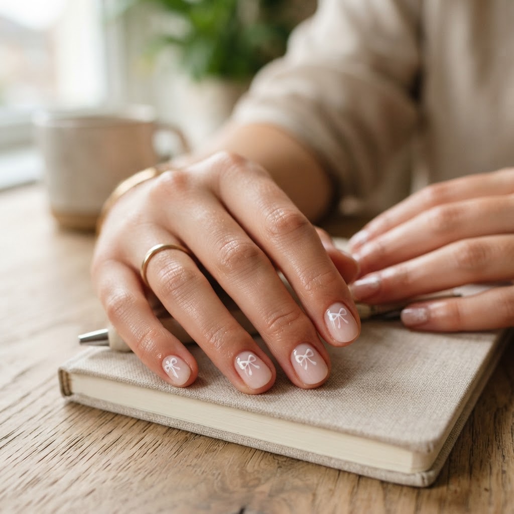 Minimalist and classy bow-accented short nails.