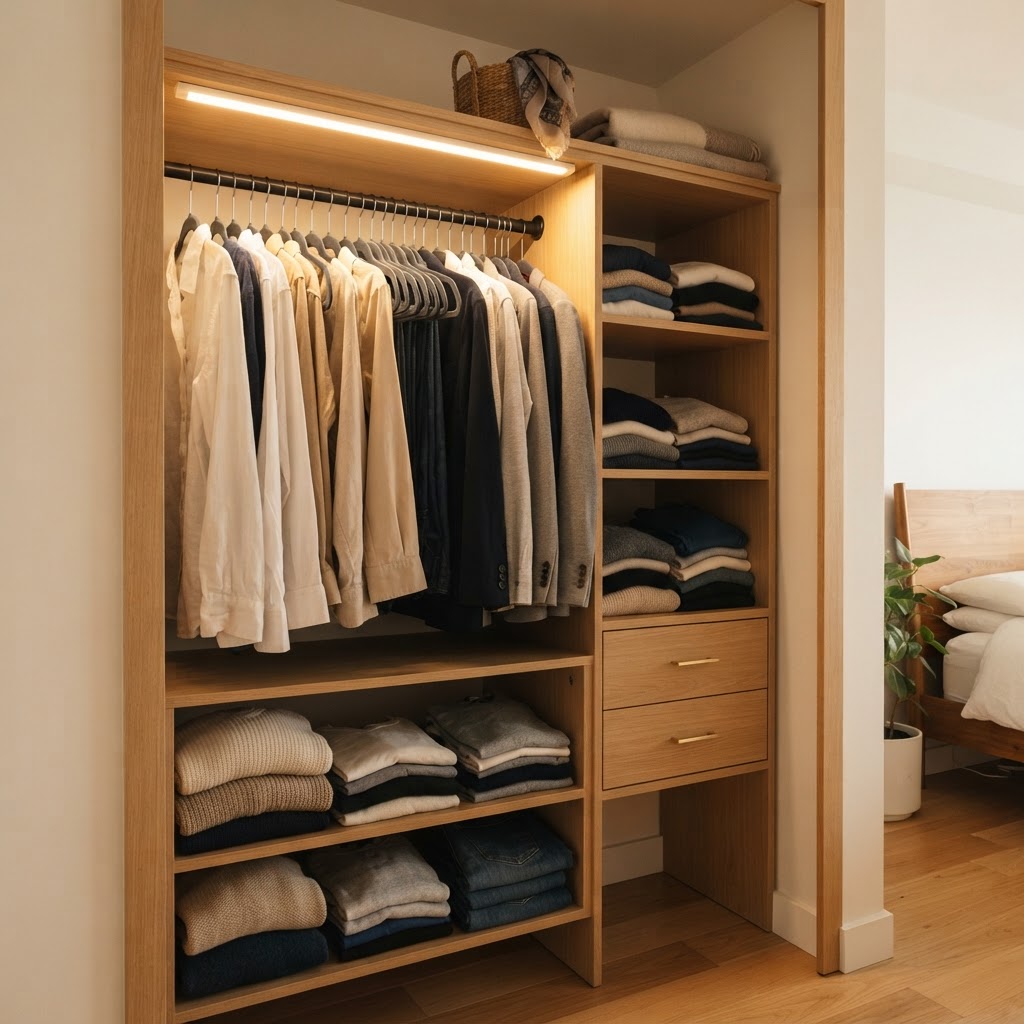 Maximize your space with slim velvet hangers and LED lighting.
