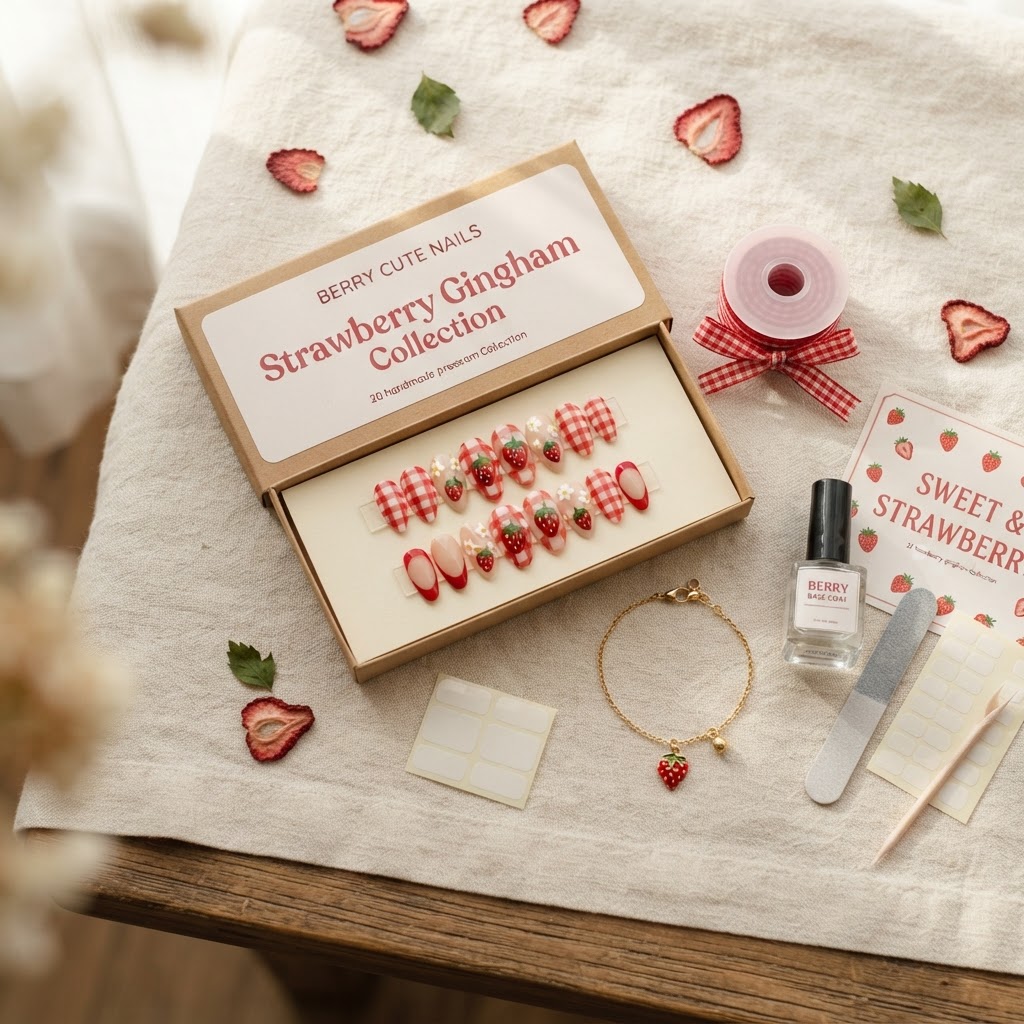 Press-on nail set packaging and accessories.