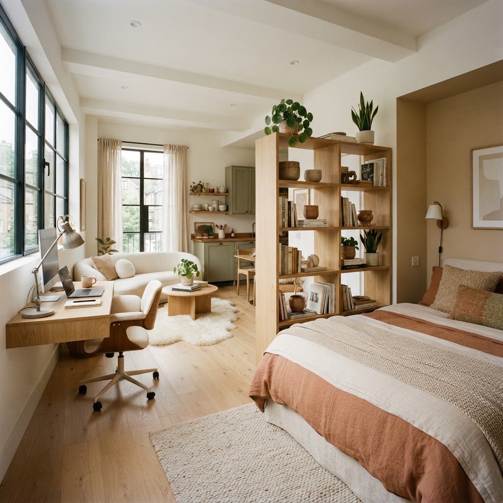Open shelving creates a visual divider without sacrificing natural light.