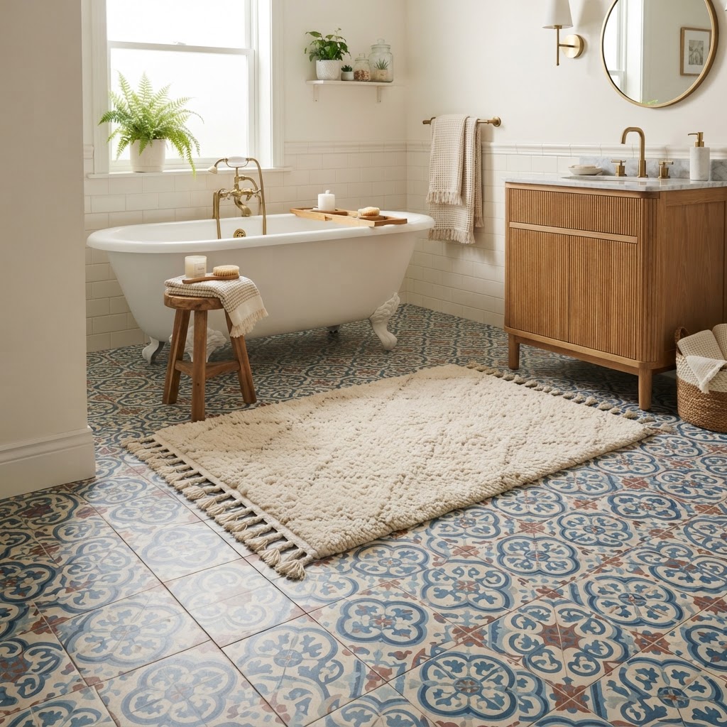 Peel-and-stick tiles completely transform floor surfaces.