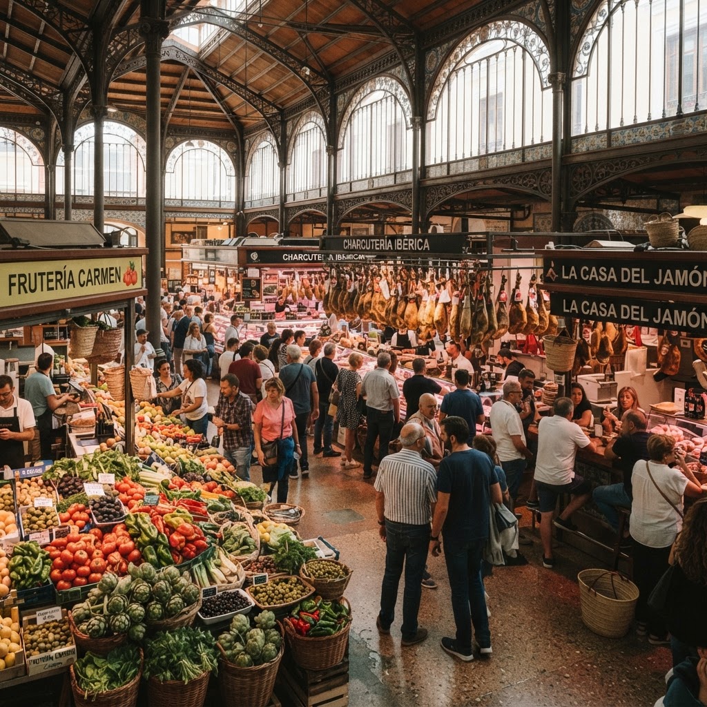 The vibrant interior of a traditional Spanish market.