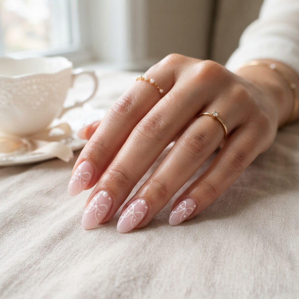 Master the coquette aesthetic with delicate ribbon-adorned press-on nails.