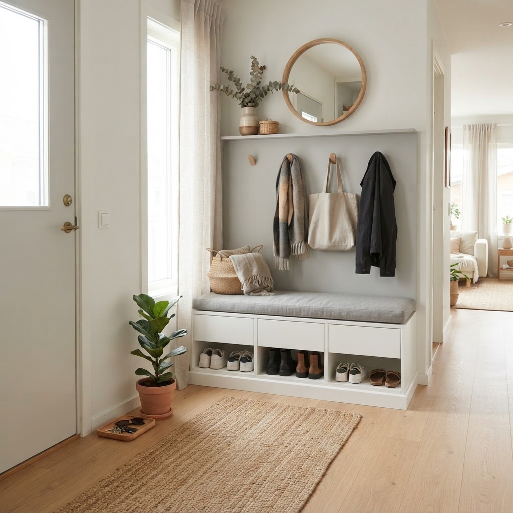 A shoe storage bench keeps footwear hidden and organized.
