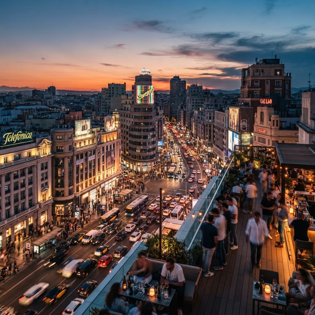 Panoramic view of the Gran Vía during the transition to night.
