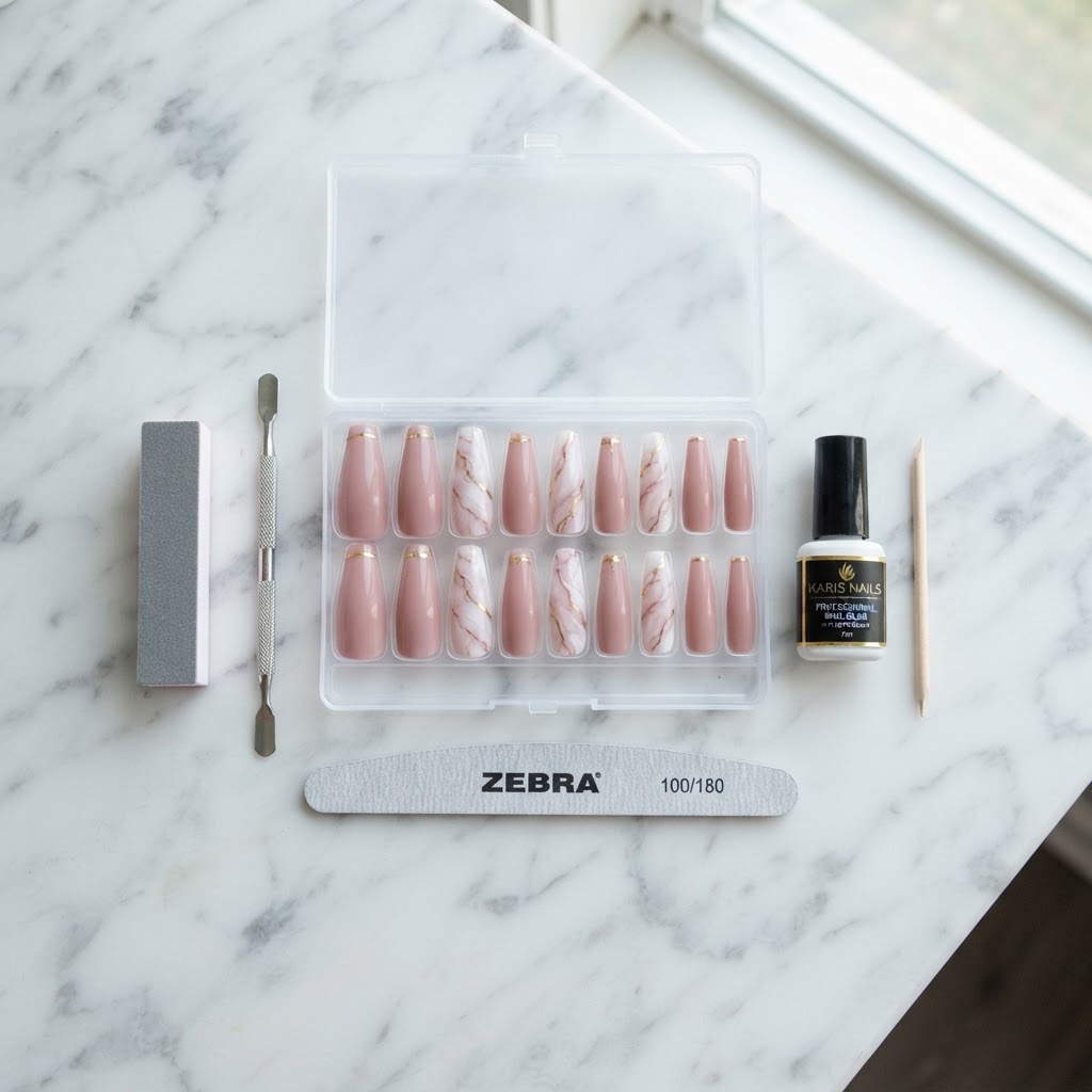 Essential tools for a perfect DIY press-on manicure.