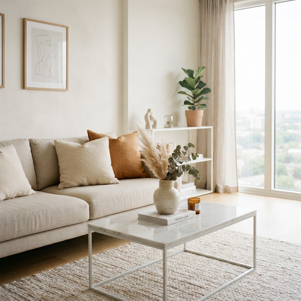 Neutral palettes help keep small spaces cohesive.