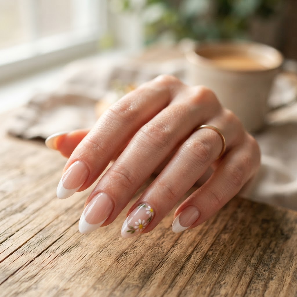 Delicate floral accents add a touch of whimsy to a classic French manicure.