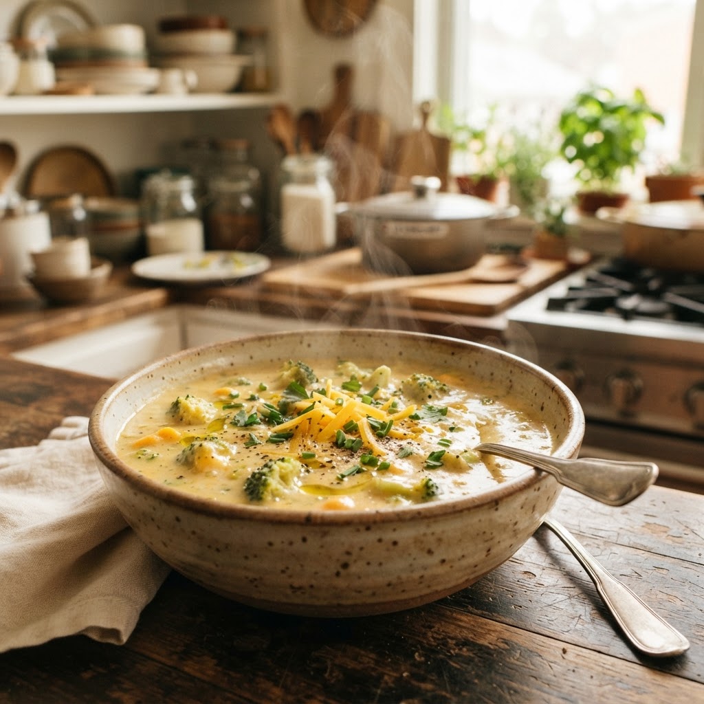 A comforting bowl of slow-cooked broccoli cheese soup.