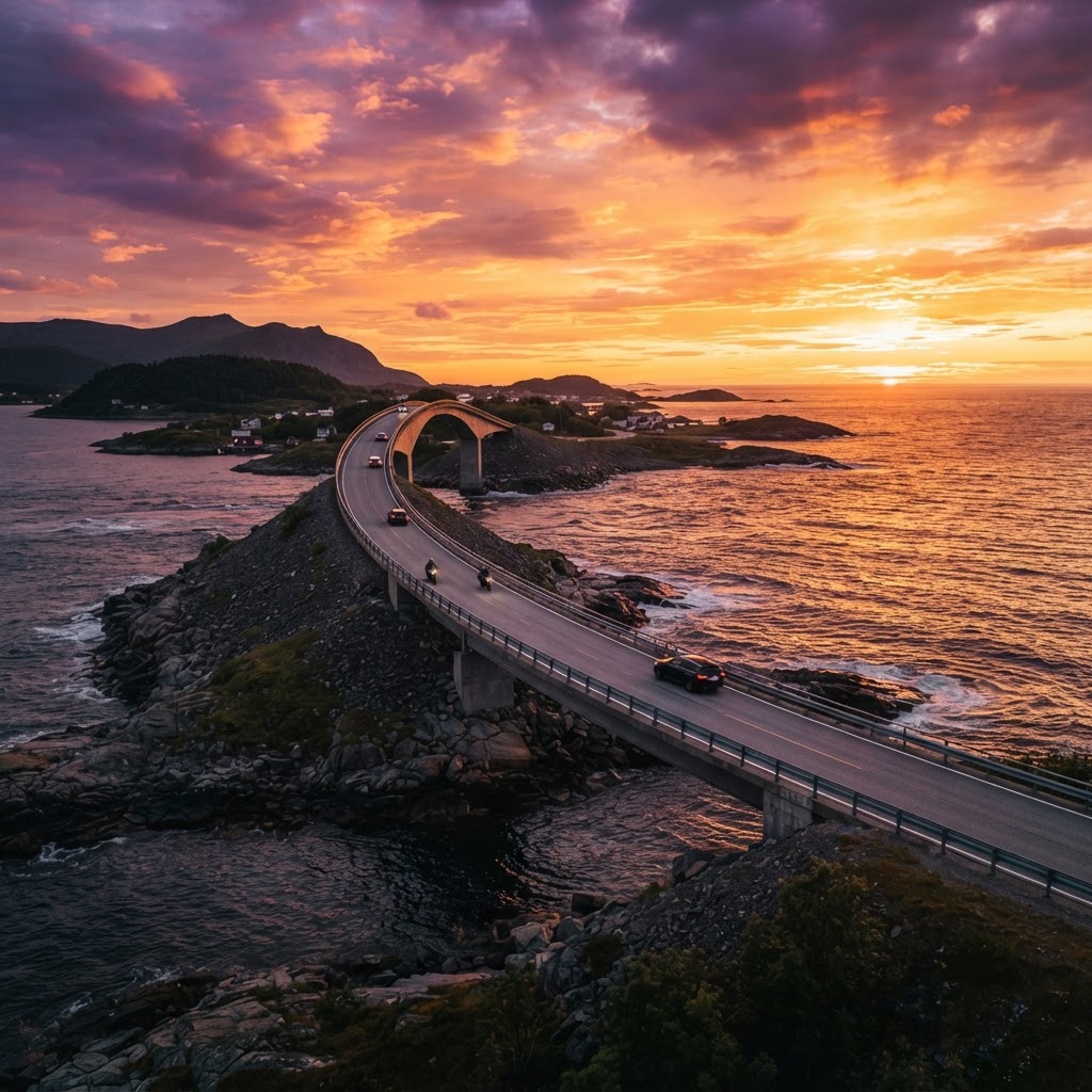 The iconic Storseisundet Bridge glowing at sunset.