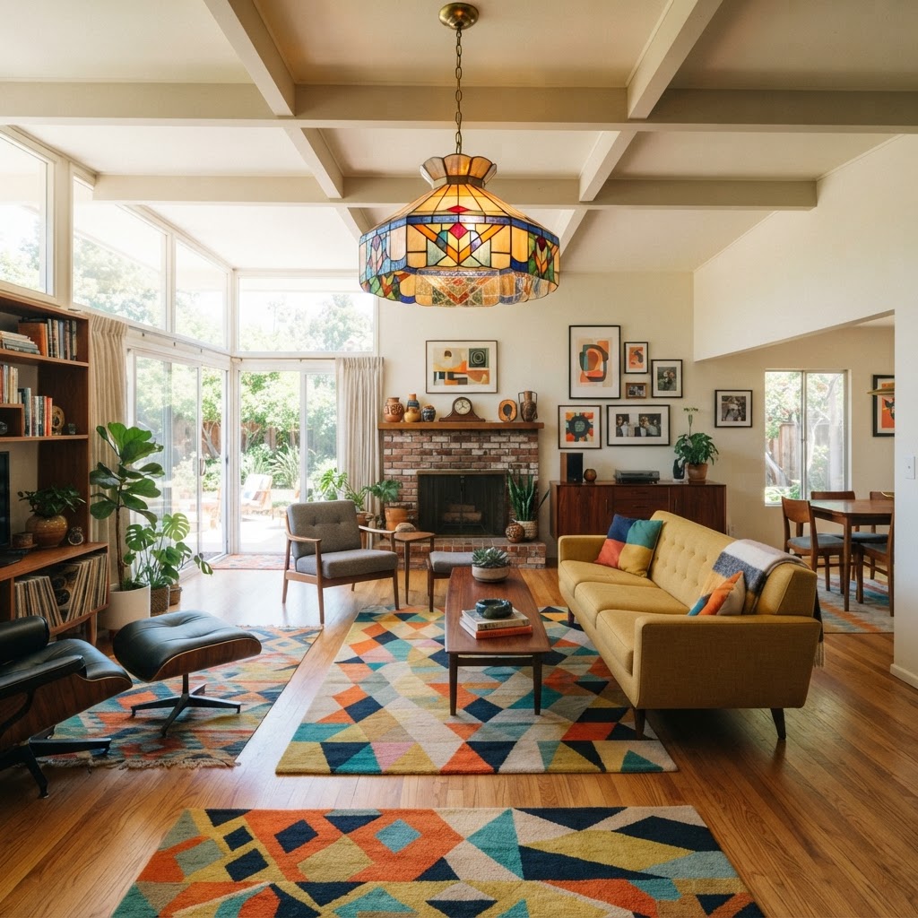 Vibrant light fixtures turn a simple living room into an artistic retro retreat.