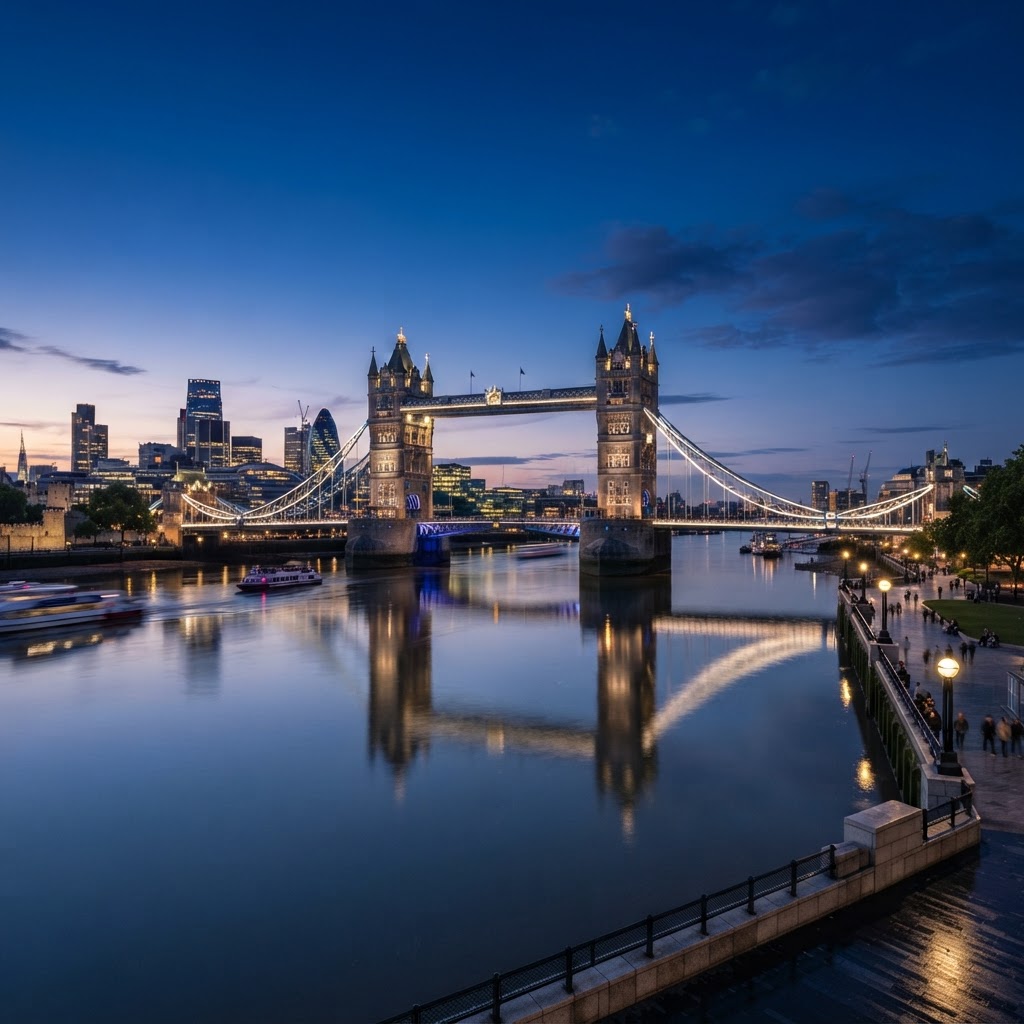 Tower Bridge glowing during the magical blue hour.