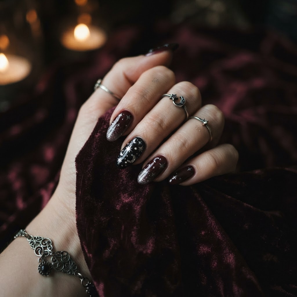 Gothic-inspired press-on nail designs.