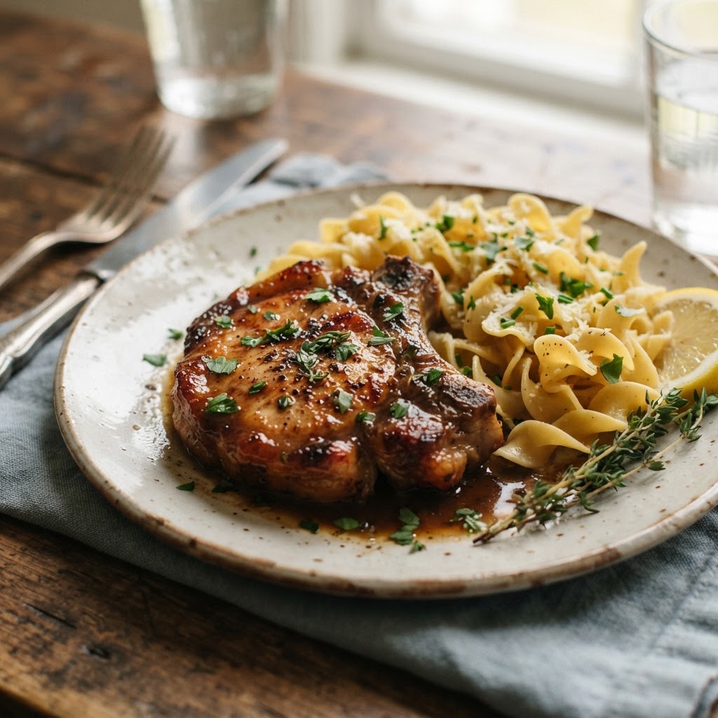 A delicious, balanced meal featuring pork chops and tender apples.