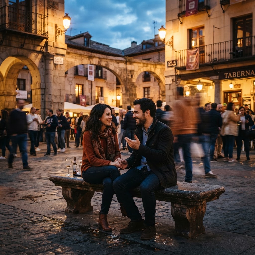 Conversations in the plaza are a central part of the evening stroll experience.