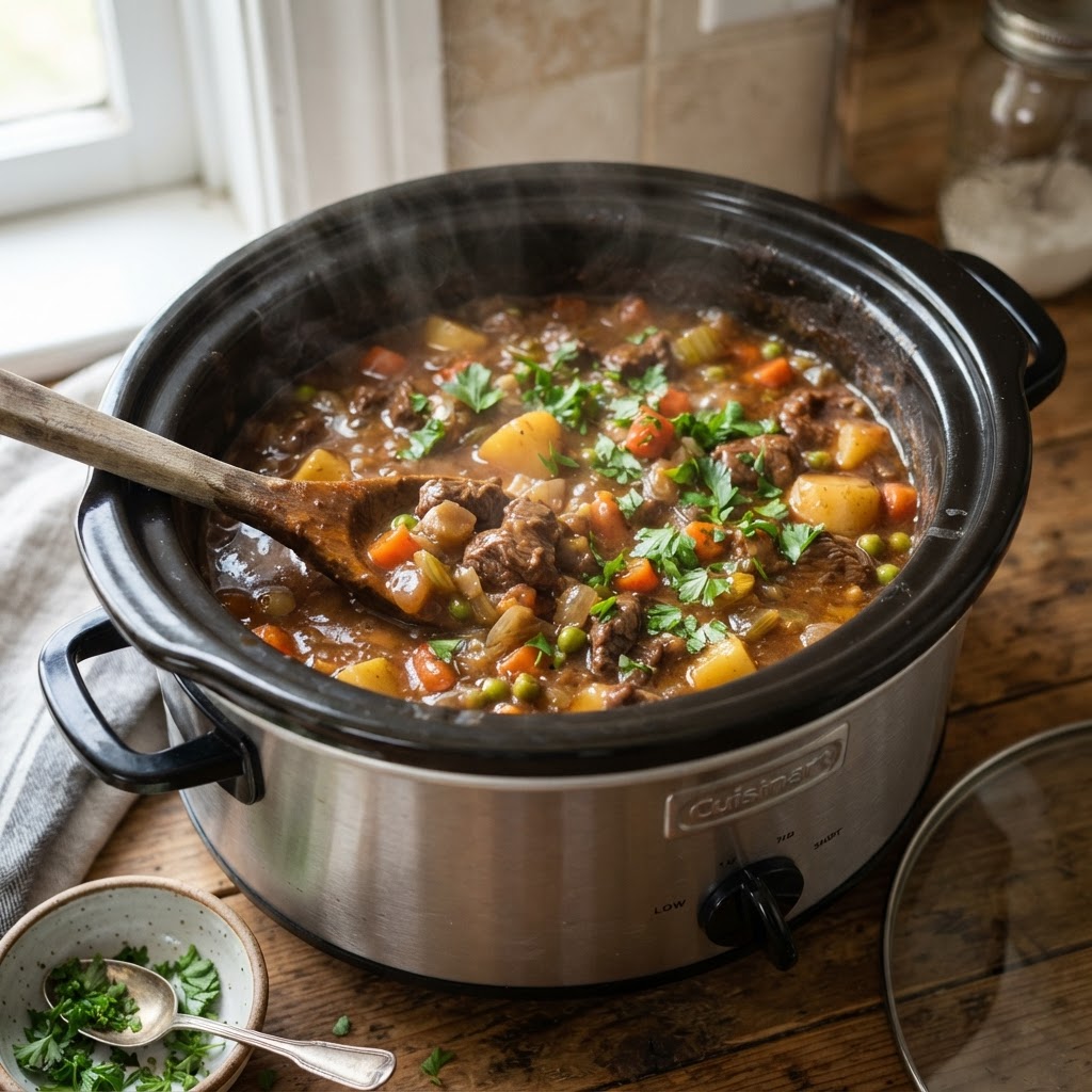 The rich and savory texture of a classic beef stew prepared in a slow cooker.