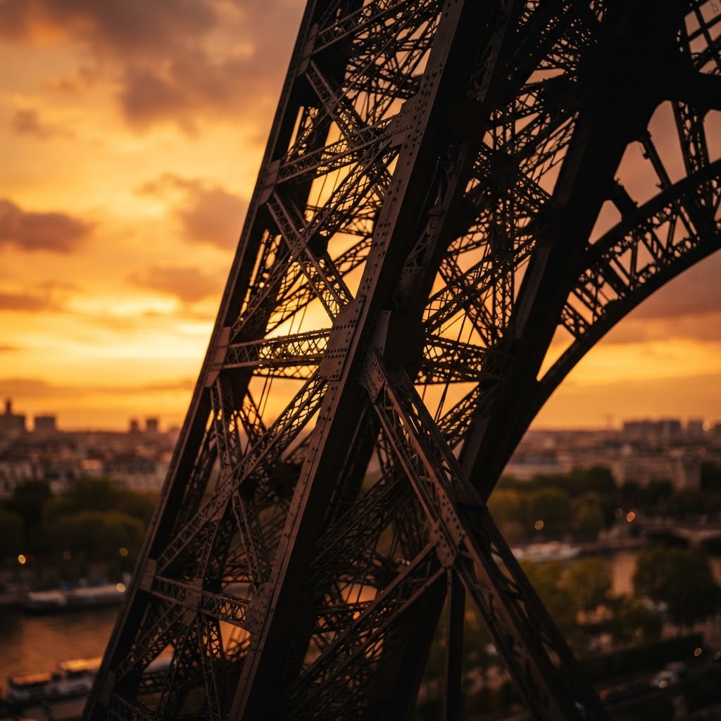 Intricate details of the Iron Lady at golden hour.