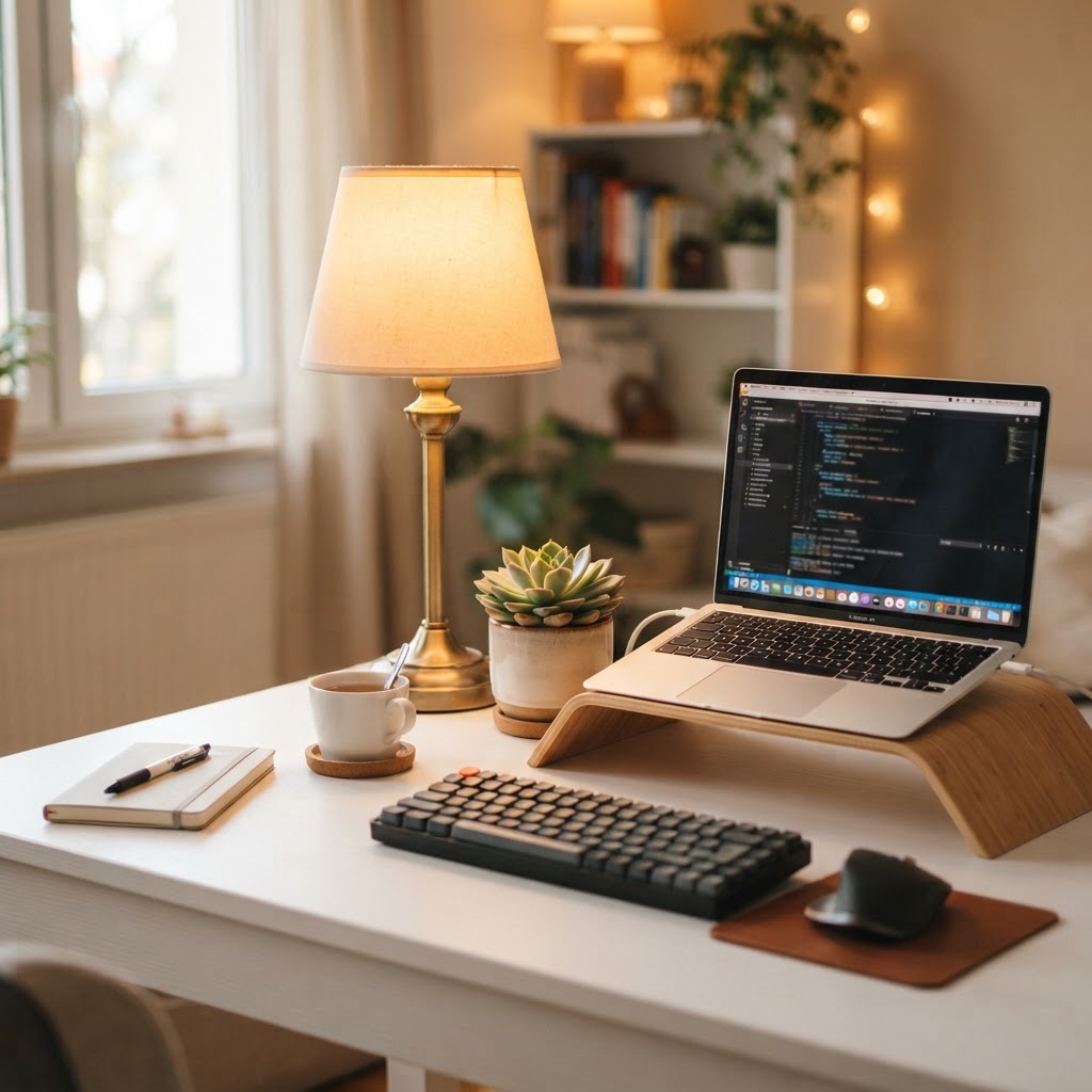 A minimalist desk lamp can brighten your workspace and improve focus.