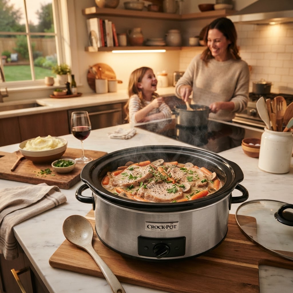 A hearty meal of creamy mushroom pork chops cooking in the slow cooker.