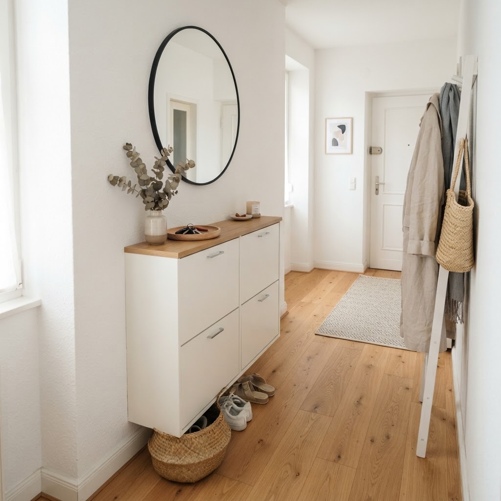 A sleek white slim shoe cabinet perfectly fits this small entryway.
