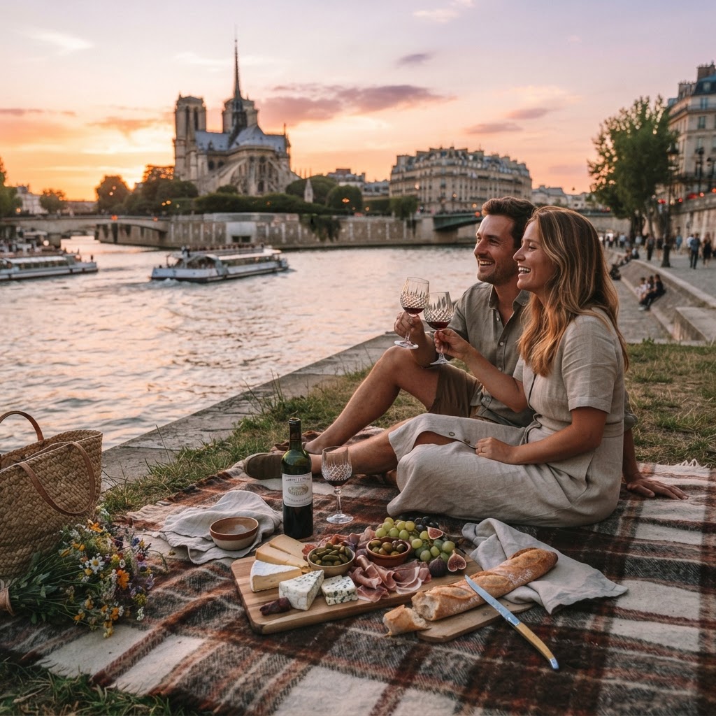 Mastering the French Picnic Aesthetic: Seine River & Rosé 5 Golden hour magic along the Seine river.