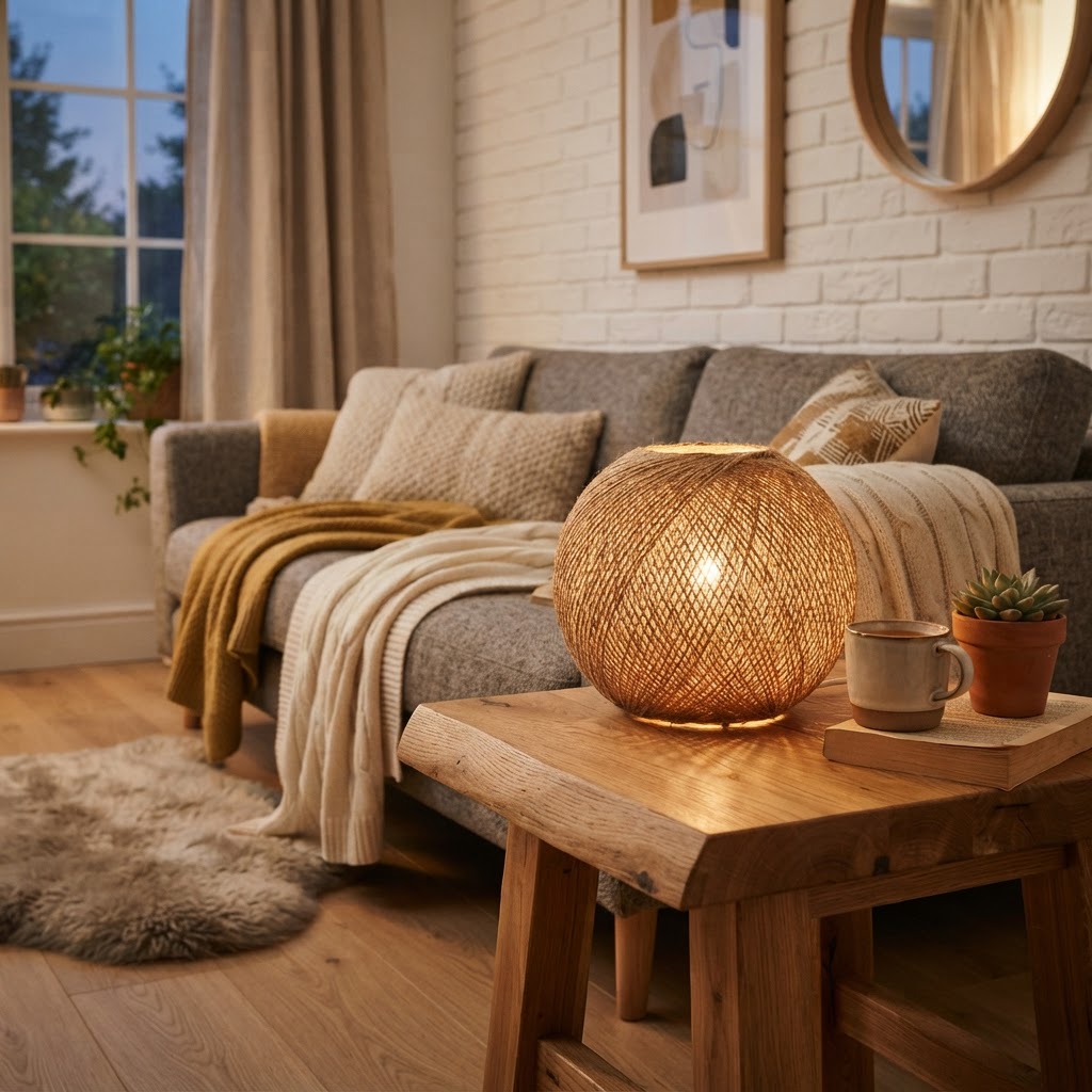 The rattan-wrapped FADO lamp creates a rustic, organic glow.