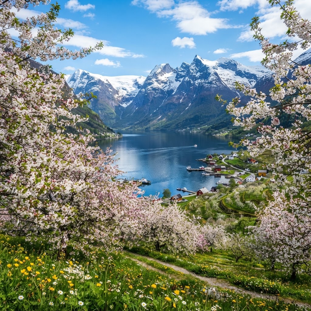 The blooming orchards of Hardangerfjord.