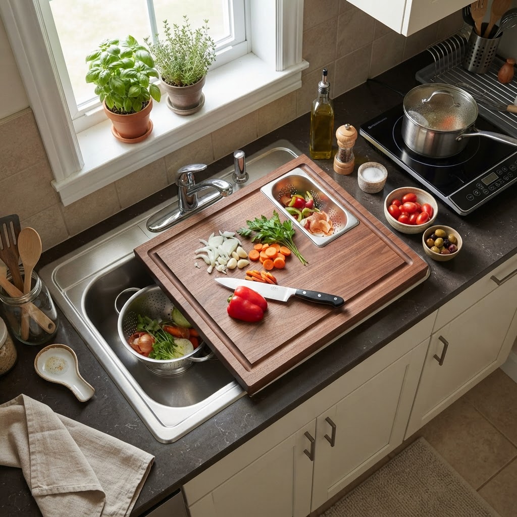 Use over-the-sink cutting boards to double your workspace.