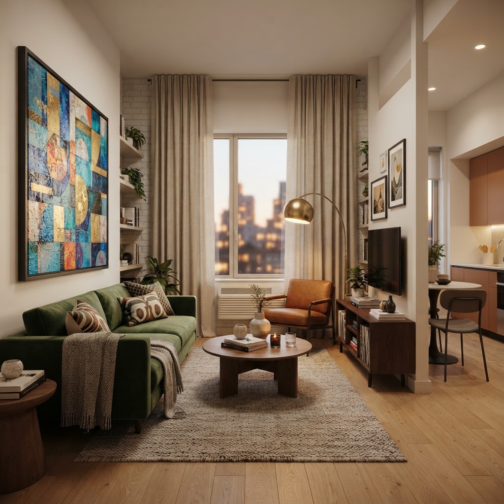 Using vertical space draws the eye upward to expand the room.