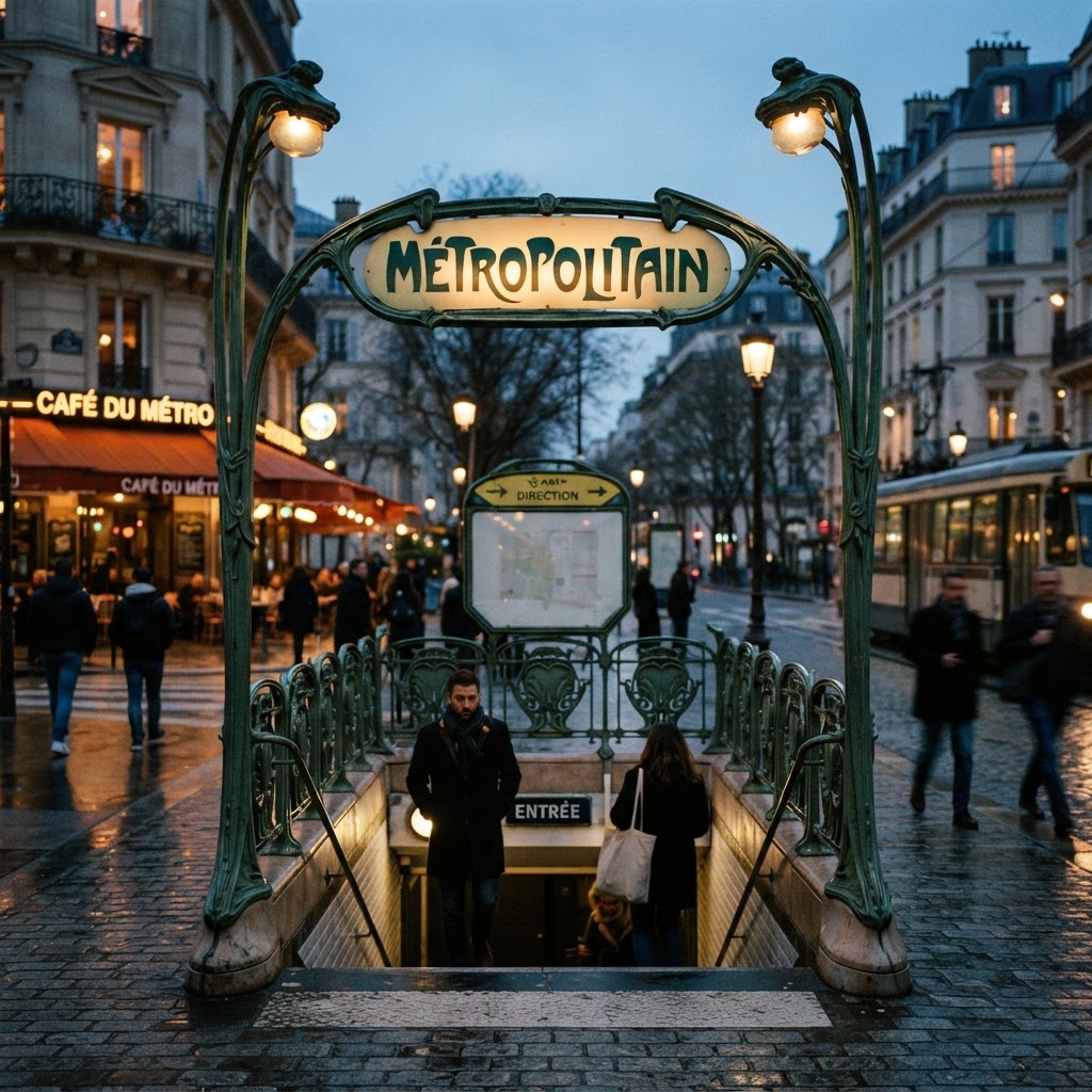 The intricate detail of Art Nouveau signage at a historic Paris Metro entrance.