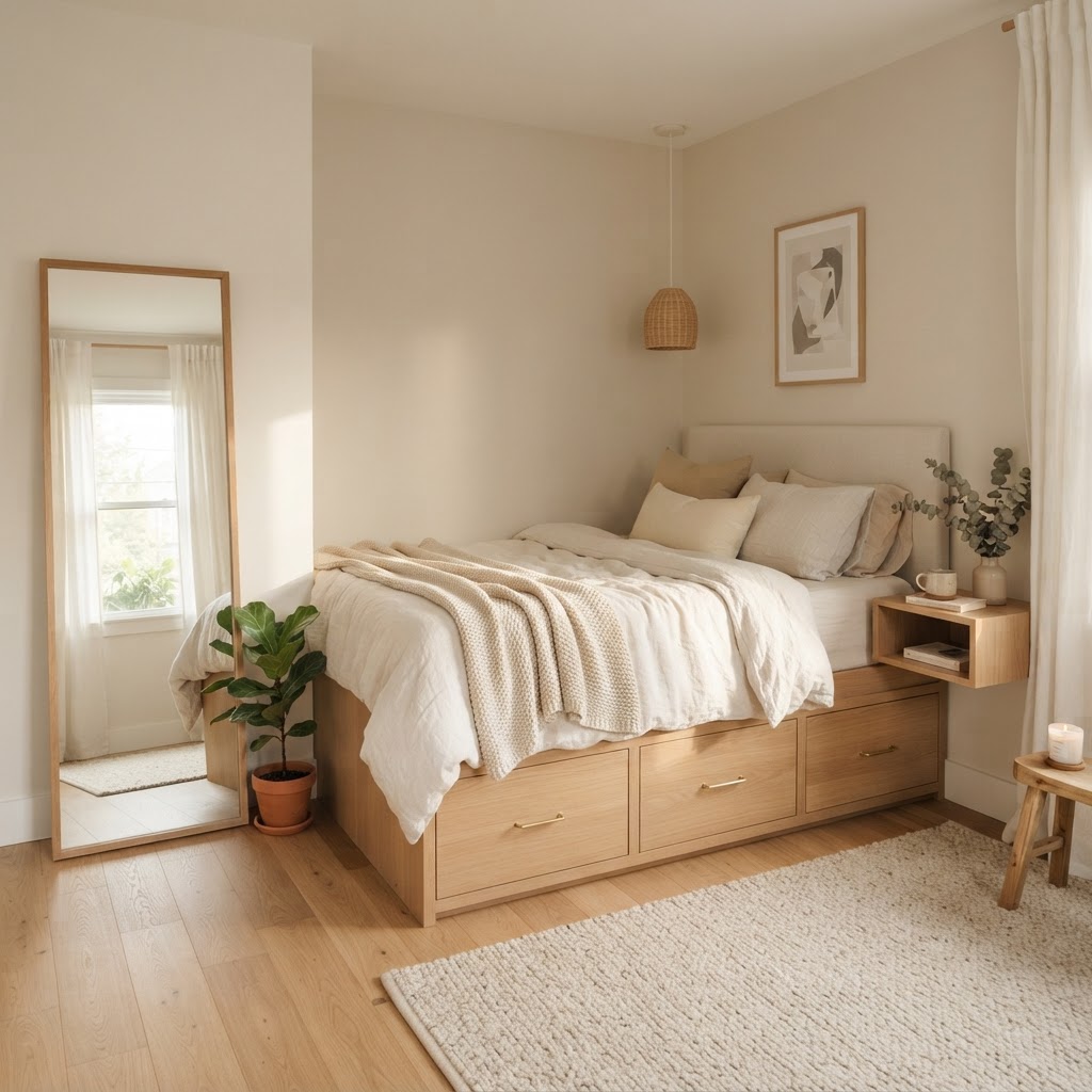 A well-organized, light-filled bedroom using mirrors and hidden storage.